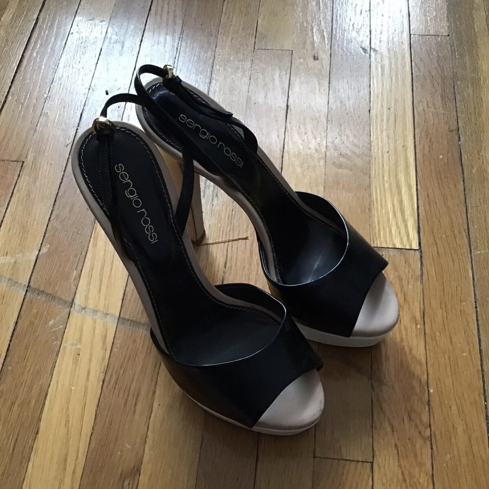Sergio Rossi Ladies Size 6.5 Beige/Black Peep Toe Sling Back High Heels,Italy